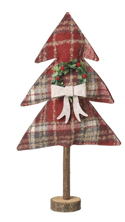 Two plaid Christmas tree decorations with wreaths and bows on a white background