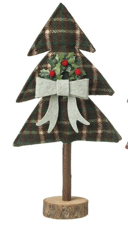 Two decorative Christmas trees with plaid patterns, bows, and wreaths on a white background.