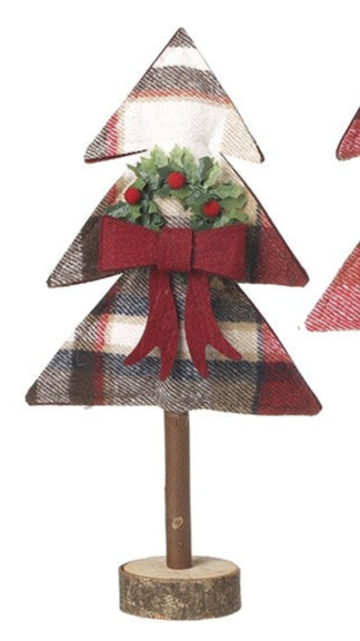 Two plaid Christmas tree decorations with ribbons and wreaths on a white background