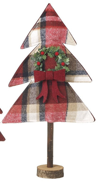 Two plaid Christmas tree decorations with ribbons and wreaths on a white background
