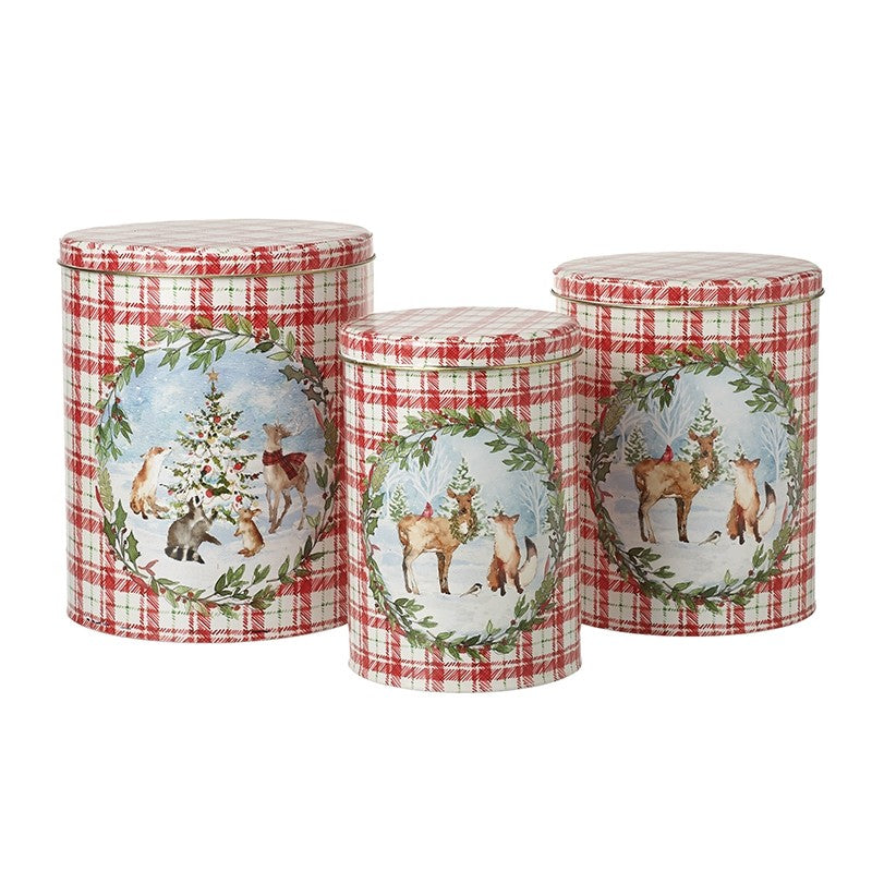 Red check festive scene storage tin set
