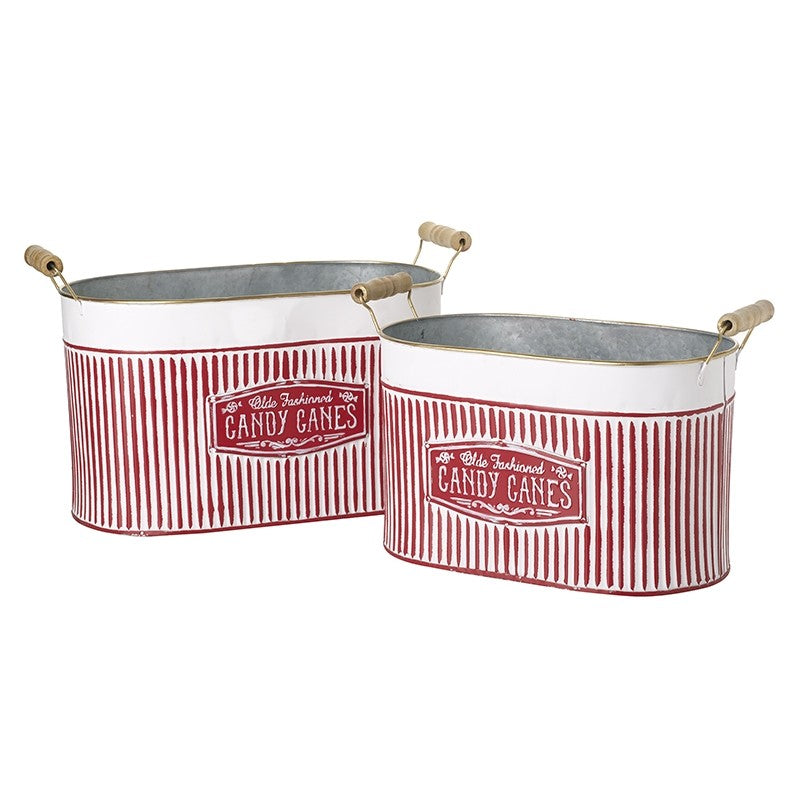 Candy cane red metal oval bucket with wooden handles