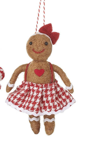 Two gingerbread-themed ornaments, one with a sweater and gingerbread man, the other with a skirt and heart, on a white background.