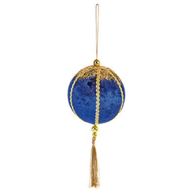 11cm Dark blue velvet bauble with gold tassel hanging decoration