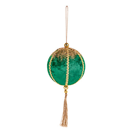 11cm Dark green velvet bauble with gold tassel hanging decoration