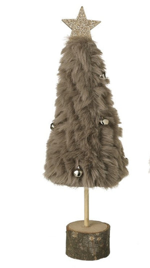 Two decorative Christmas trees with fur and white textures, topped with gold stars, on wooden bases.