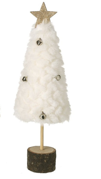 Two decorative Christmas trees with fur and white textures, topped with gold stars, on wooden bases.