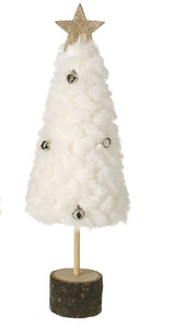 Two decorative Christmas trees with fur and white textures, topped with gold stars, on wooden bases.