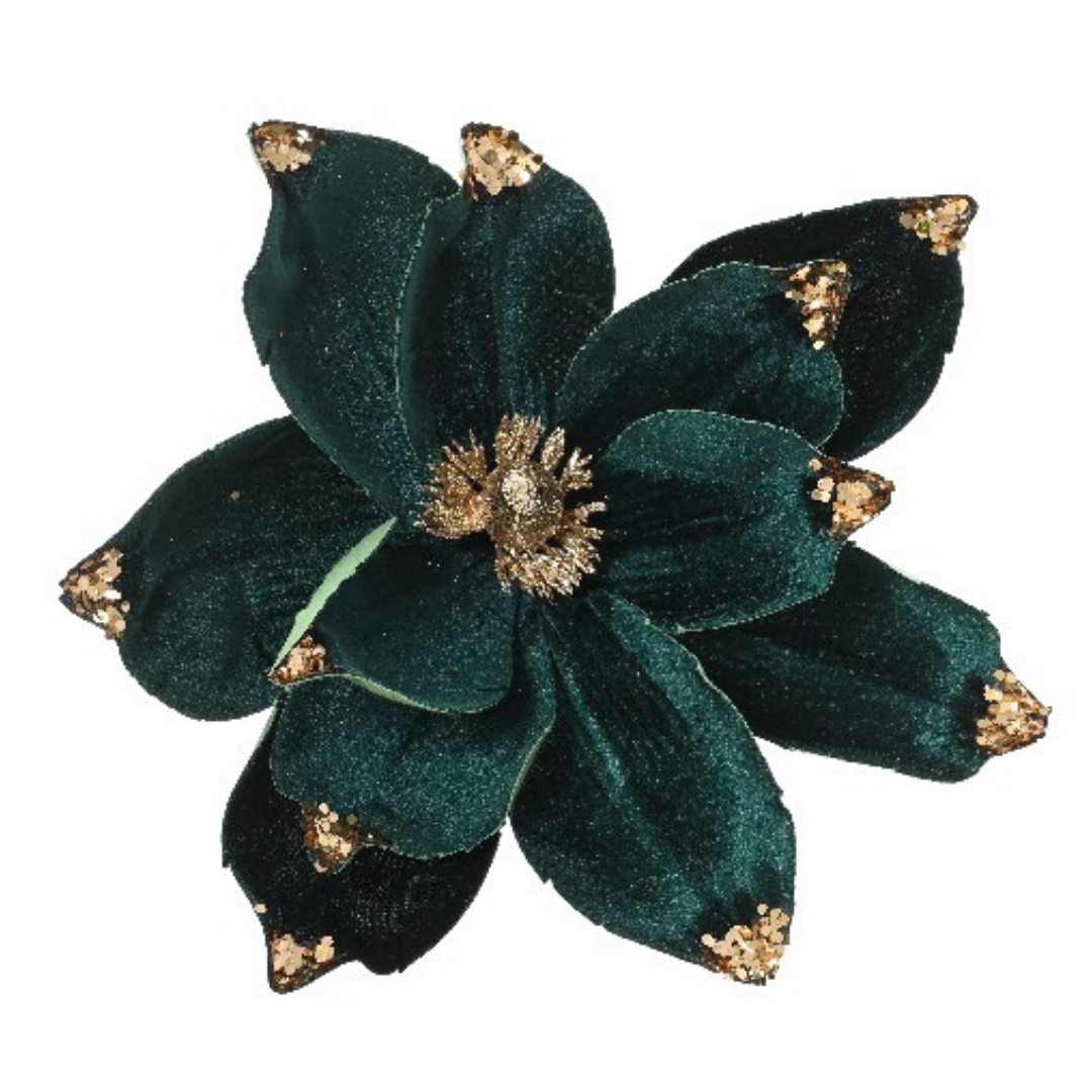 Velvet Magnolia Clip On Flowers with Glitter Sequins