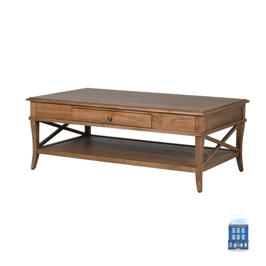 Double sided oak cross single drawer coffee table