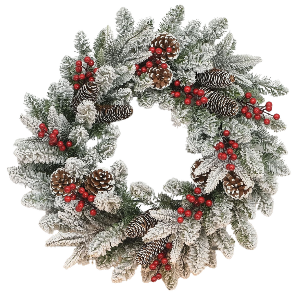 Flocked berry and pine cone wreath