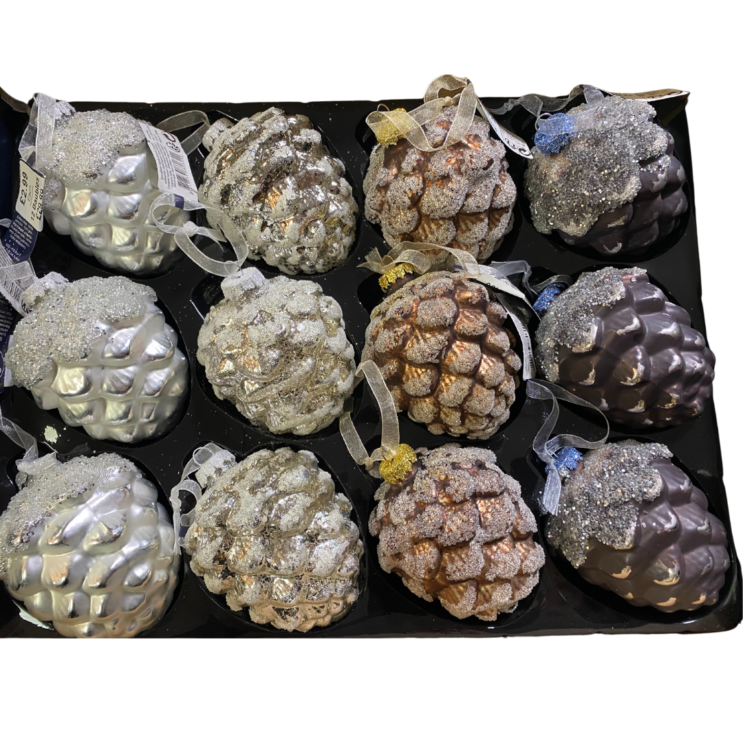 Glittery pinecone glass hanging decorations