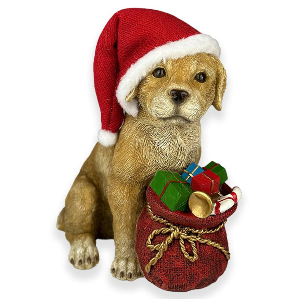 Dog wearing Santa hat with sack of presents