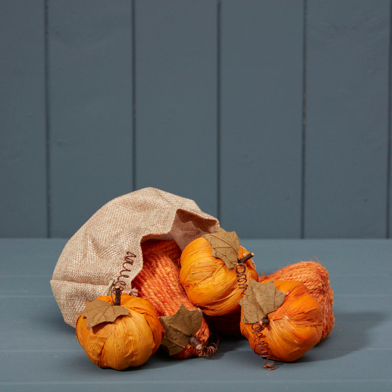 Hessian bag of rustic pumpkins