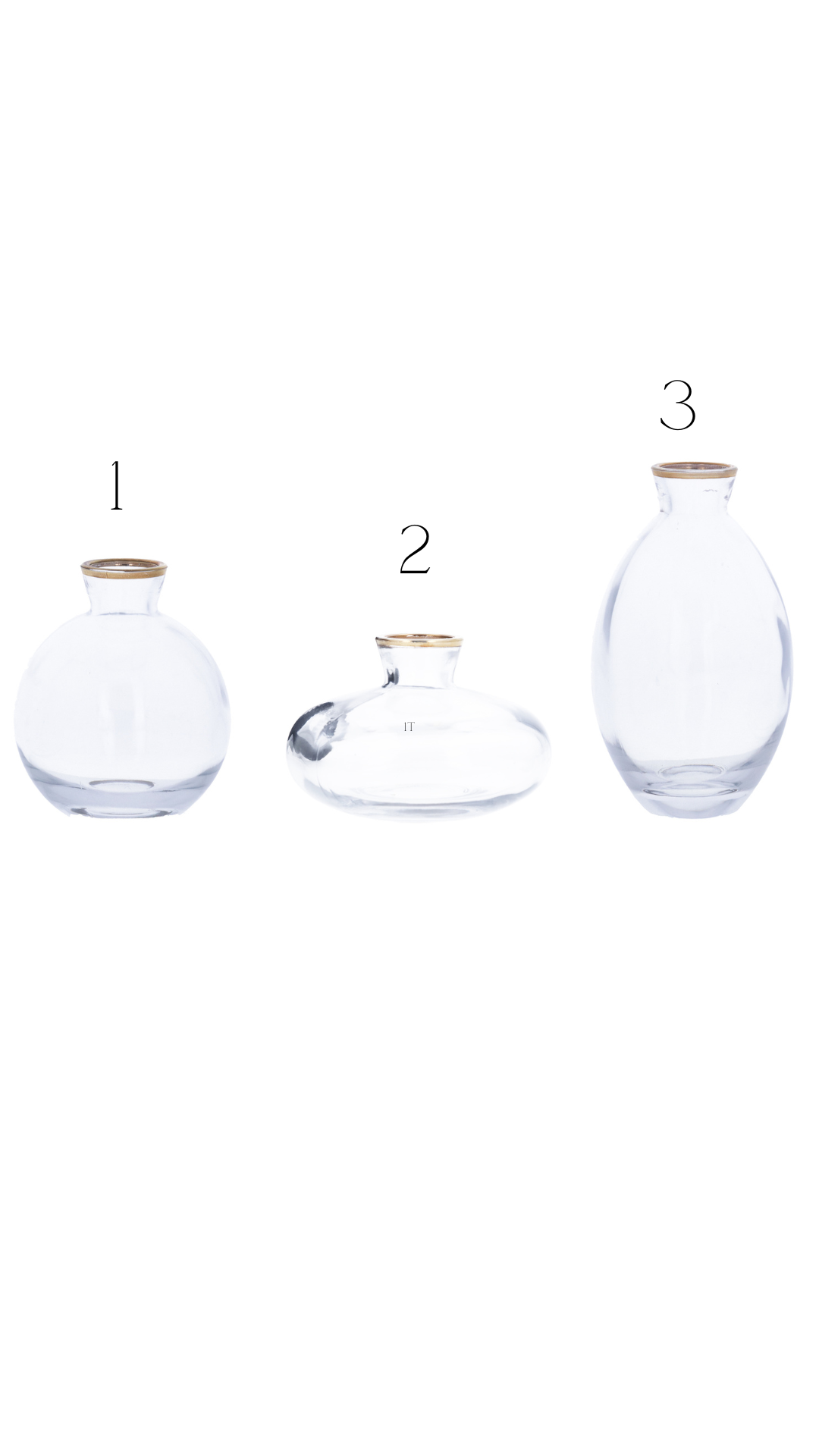 Mini clear glass bottle vase with gold rim