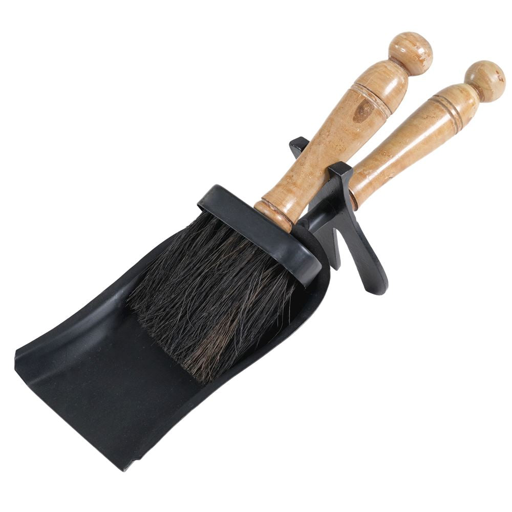 2-piece black hearth tidy with wooden handles
