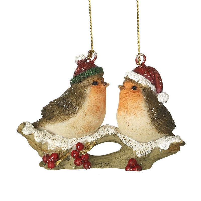 Hanging robins on branch with hats