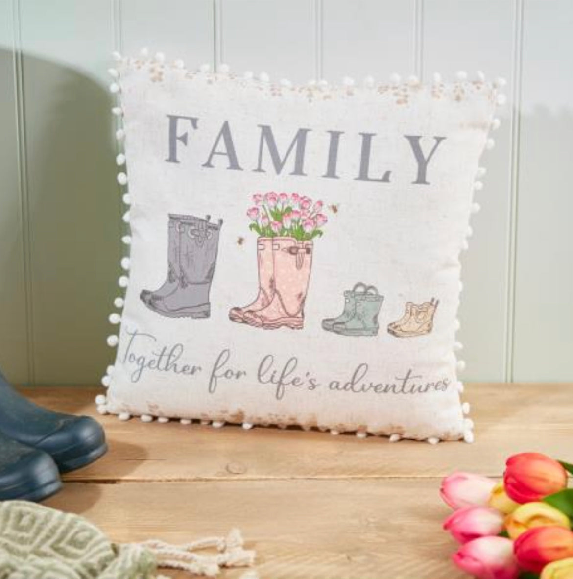 Welly boot family cushion with pom pom lining