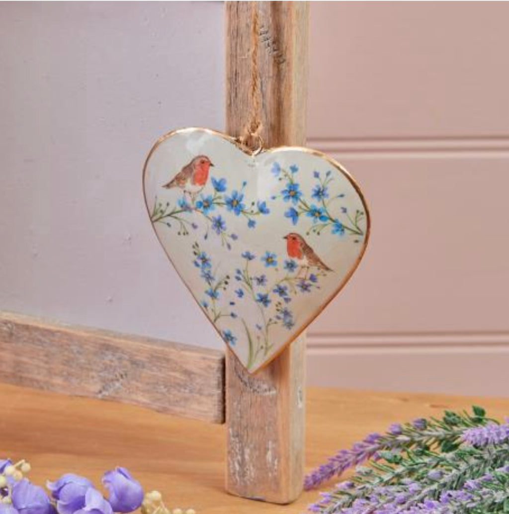 Robin forget me not metal hanging heart