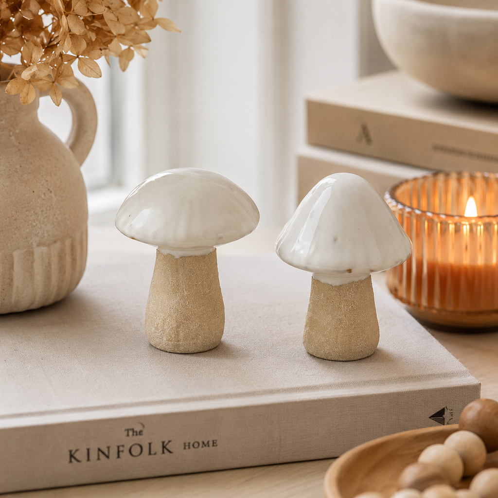 Cream porcelain mushroom ornaments