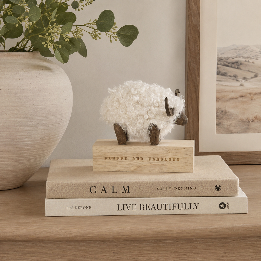 White fluffy & fabulous ram on wooden block