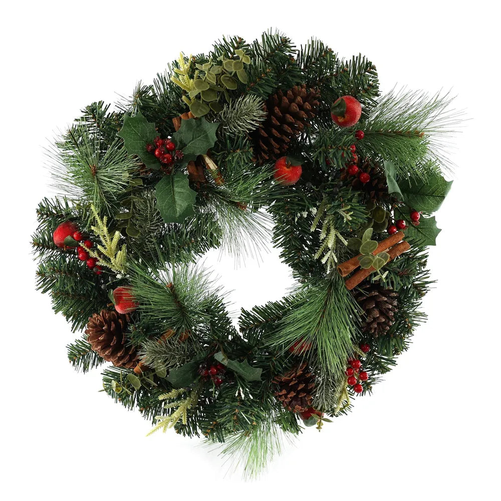 Wreath with mixed foliage, cones and berries