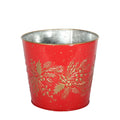 Red metal planter with gold holly print
