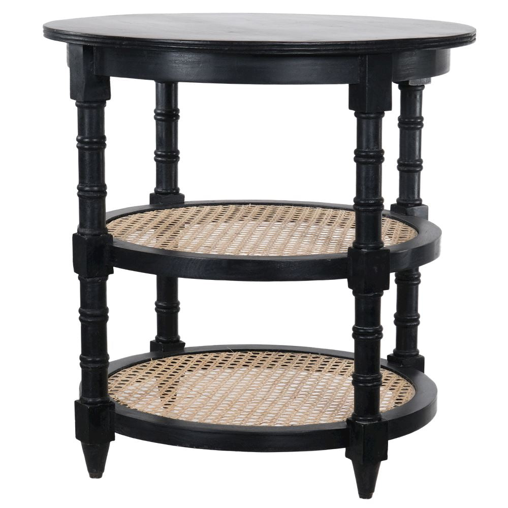 Black terrace side table with rattan shelving