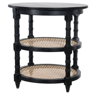Black terrace side table with rattan shelving