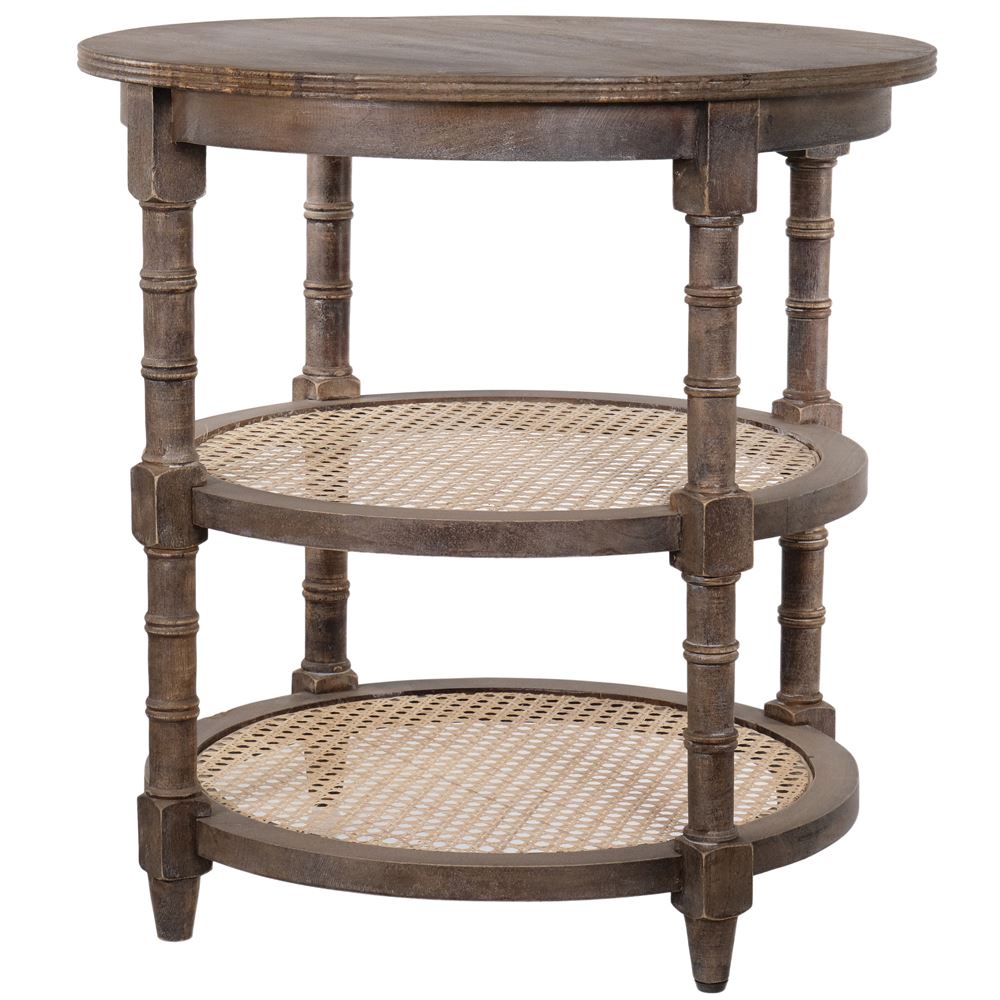Natural wood terrace side table with rattan shelving