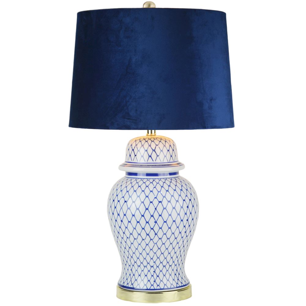 White and blue ceramic lamp with blue velvet shade