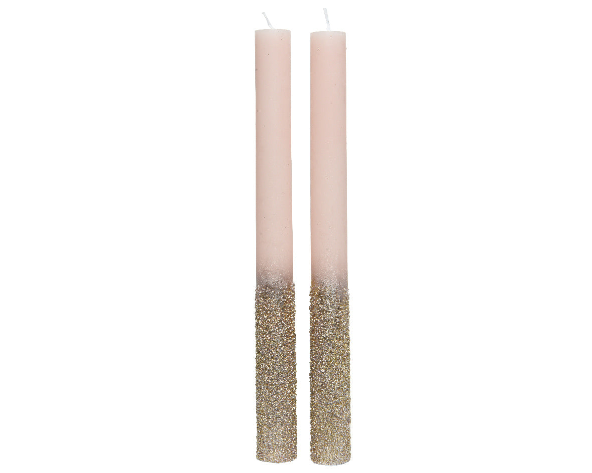 Set of 2 blush pink wax dinner candle with gold shimmer base