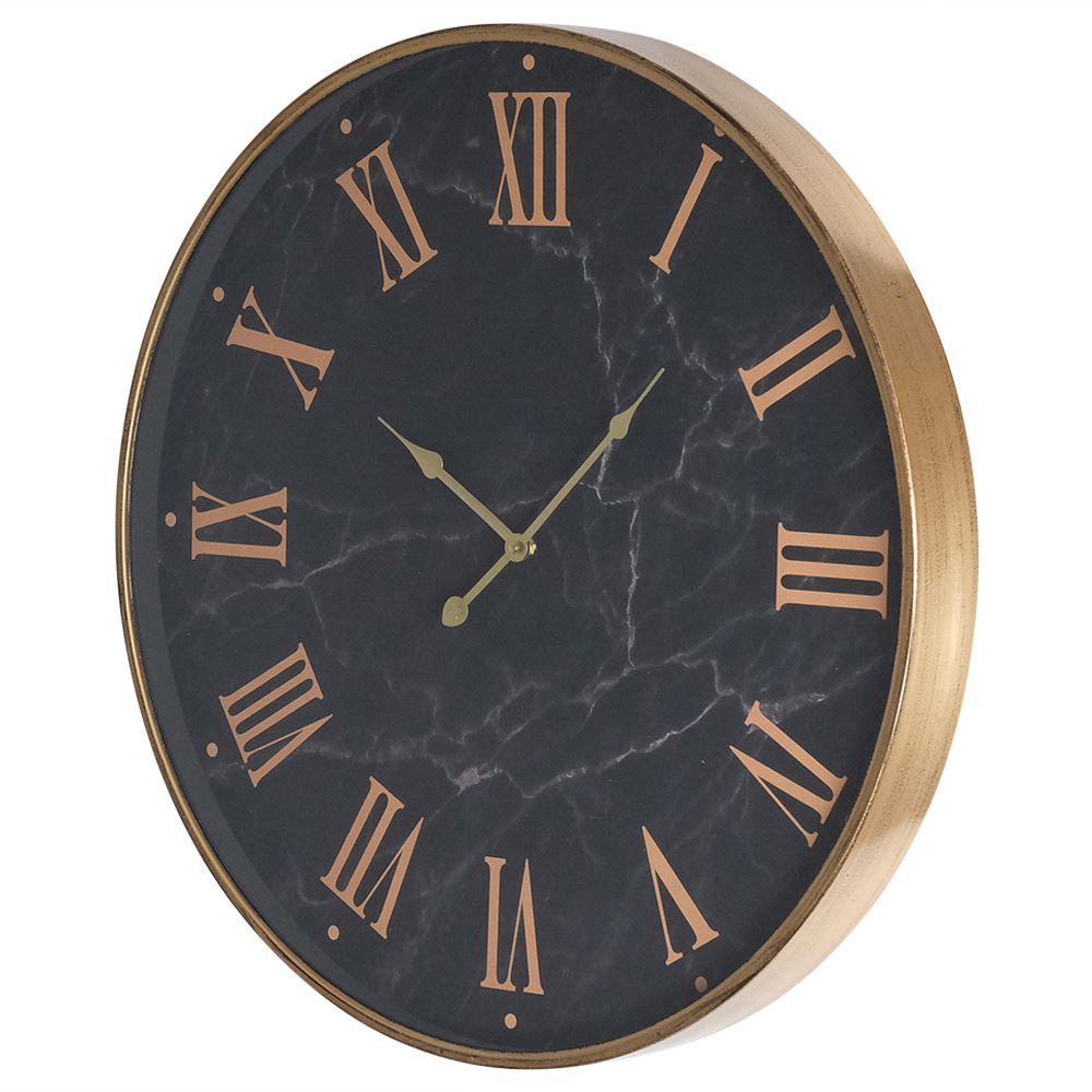 Black marble face clock with gold Roman numerals