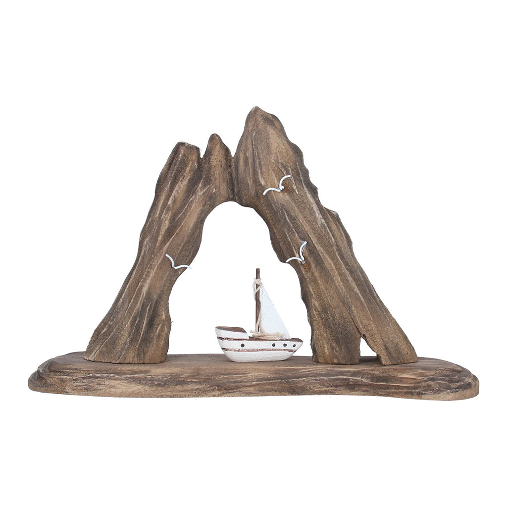 Rustic wood sail boat in cove ornament