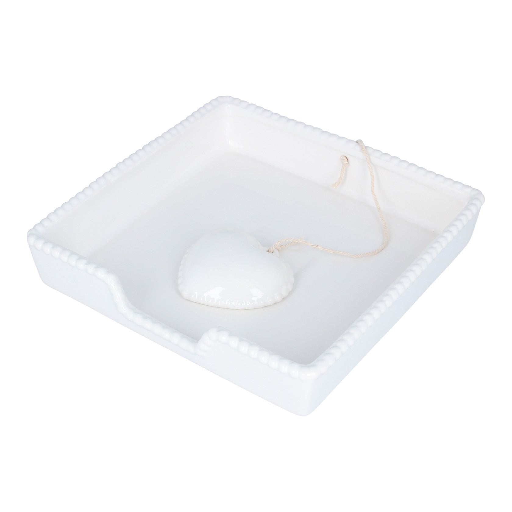 White stoneware beaded heart napkin holder