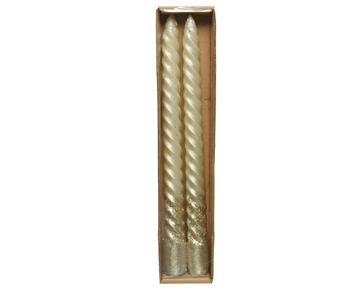 Set of 2 cream twist wax dinner candles with gold shimmer base