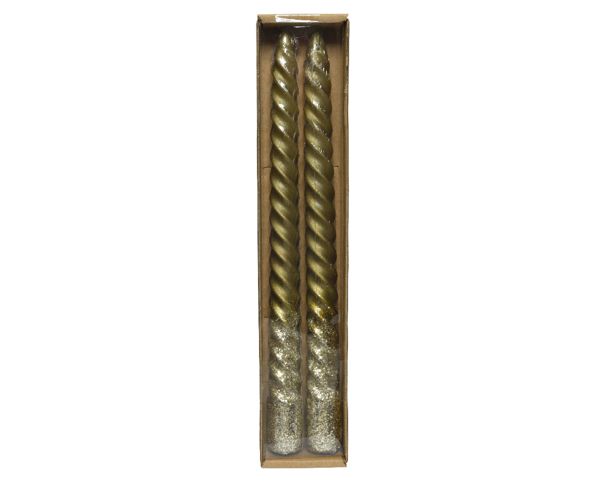 Set of 2 gold twist wax dinner candles with gold shimmer base