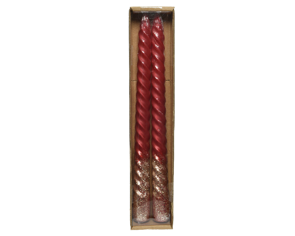 Set of 2 red twist wax dinner candles with gold shimmer base