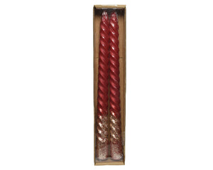 Set of 2 red twist wax dinner candles with gold shimmer base