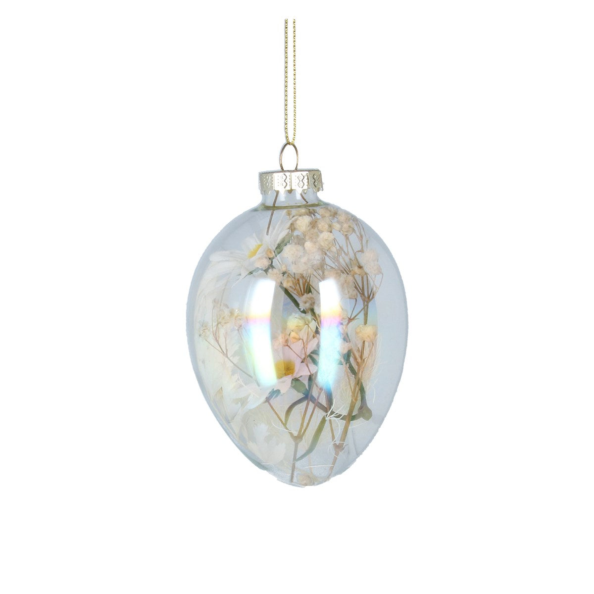 Iridescent glass egg with dried flowers