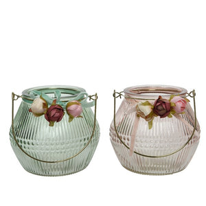 Floral glass tealight holder with handle