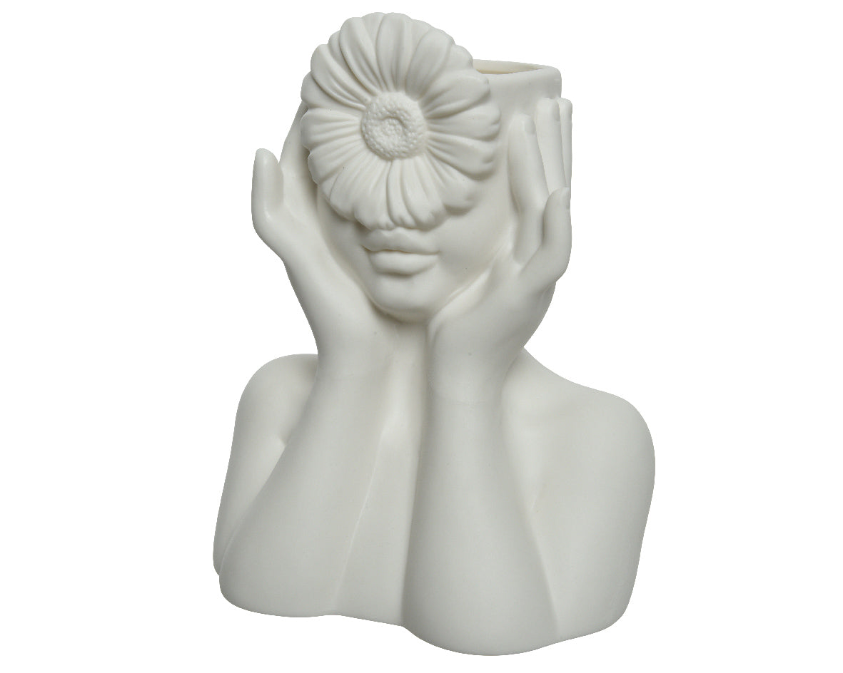 Short ceramic pensive female face vase