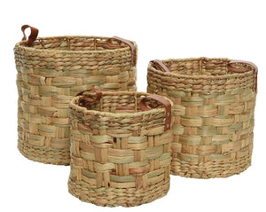Water hyacinth basket with leather handles