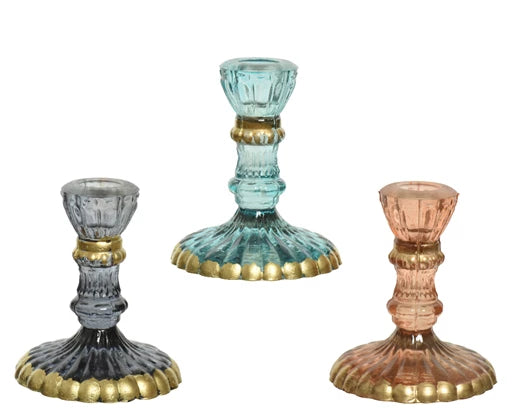 Coloured glass candleholder with gold detailing-short