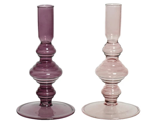 Pink/aubergine glass candleholders (16cm)