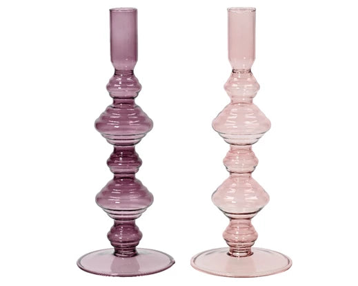 Pink/aubergine glass candleholders (23cm)