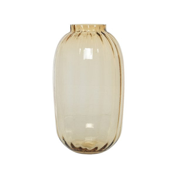 Handmade tall amber coloured glass vase with ribbed finish