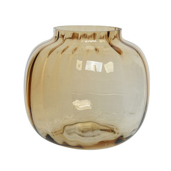 Handmade short amber coloured glass vase with ribbed finish