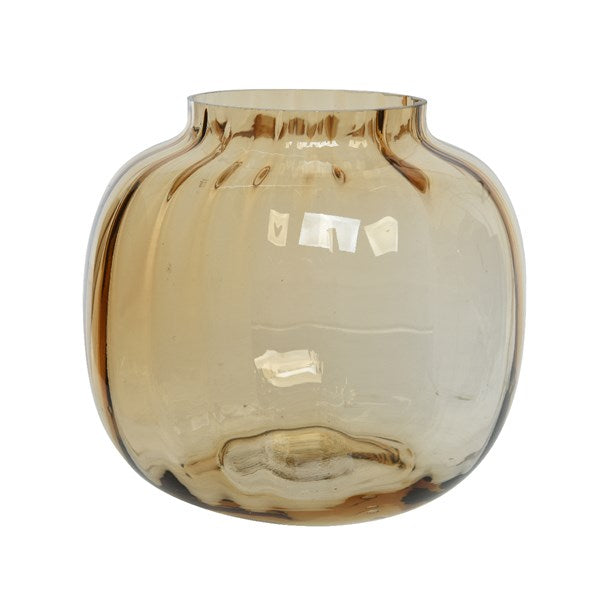 Handmade short amber coloured glass vase with ribbed finish