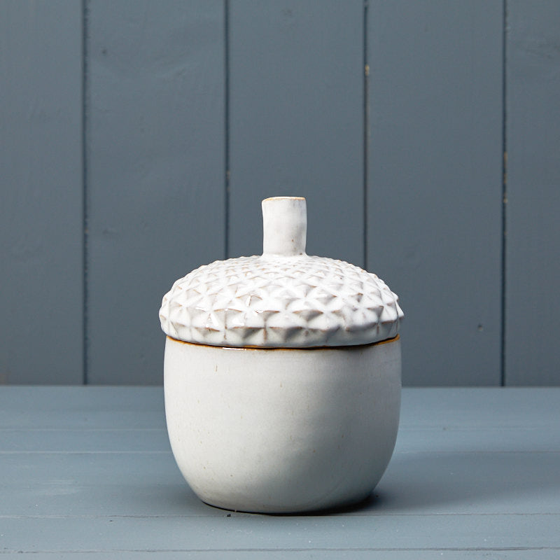 Tall pale grey ceramic acorn lidded dish